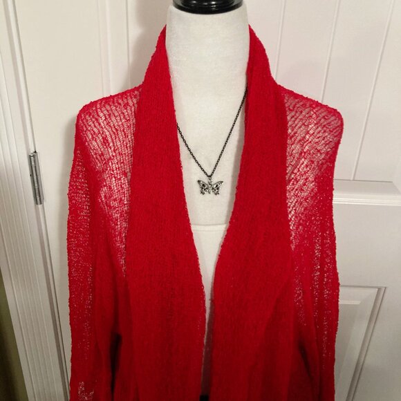 XCEPTION Red crochet open front cardigan ~ LARGE XL 1X 2X lettuce hem sweater - Picture 3 of 10